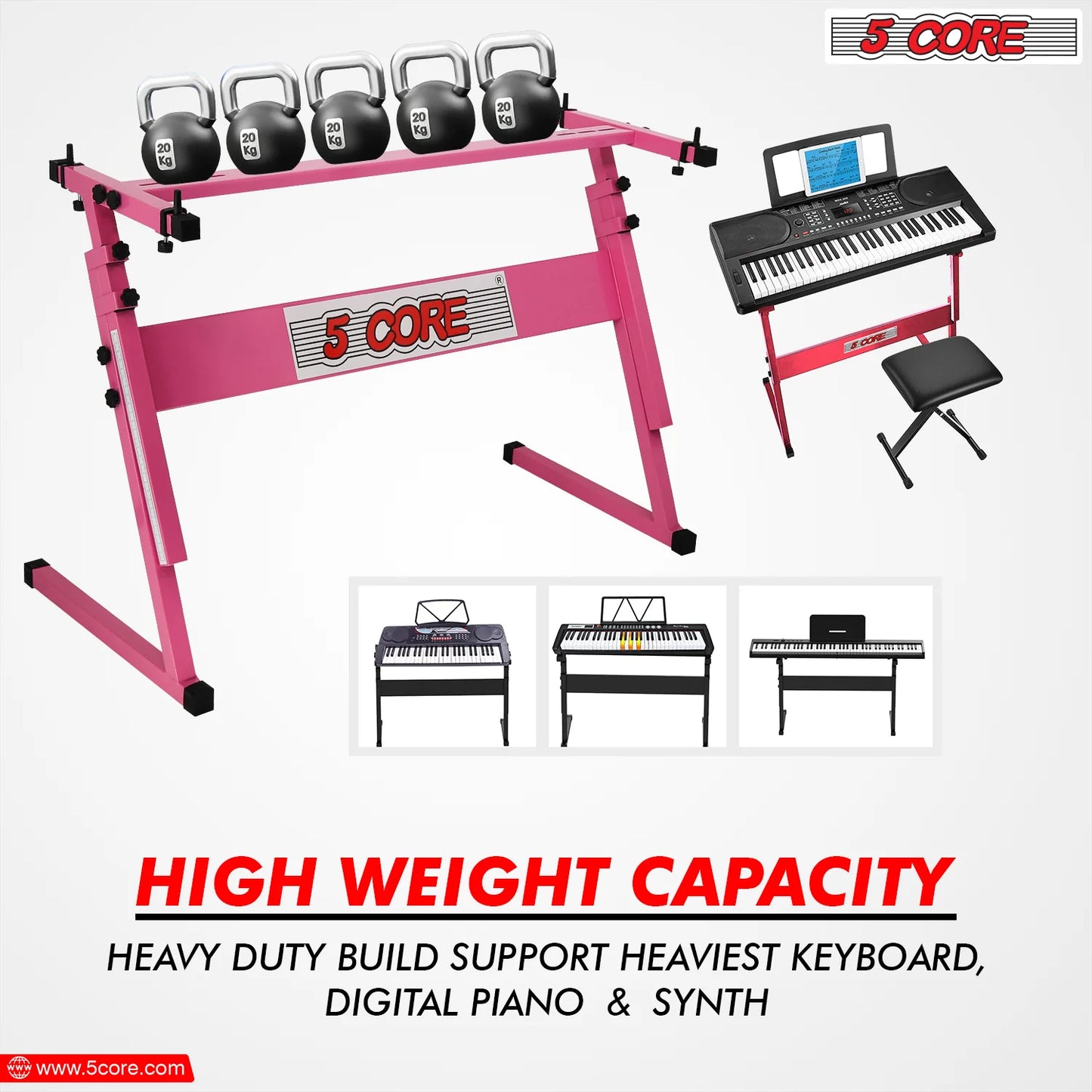 5Core Keyboard Stand Adjustable Z Style Piano Riser + Keyboard Piano Bench PINK